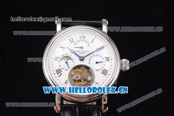 Patek Philippe Grand Complication Swiss Tourbillon Automatic Steel Case with White Dial Black Leather Strap and Roman Numeral Markers - Click Image to Close